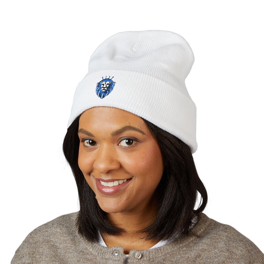 Embroidered Blue Lion Cuffed Beanie