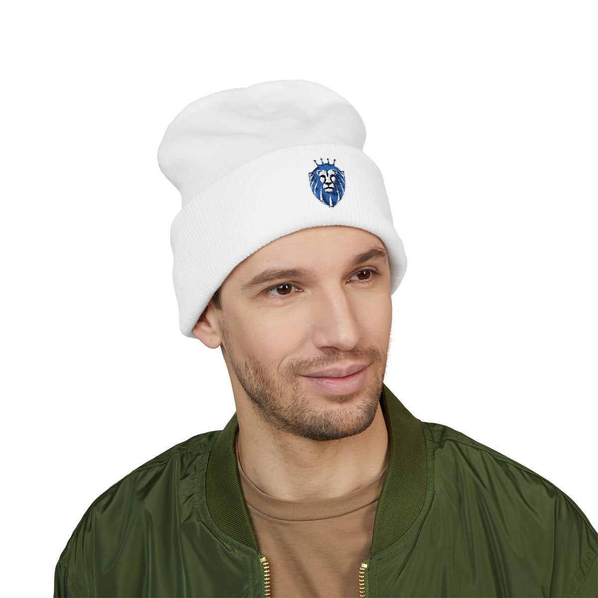 Embroidered Blue Lion Cuffed Beanie